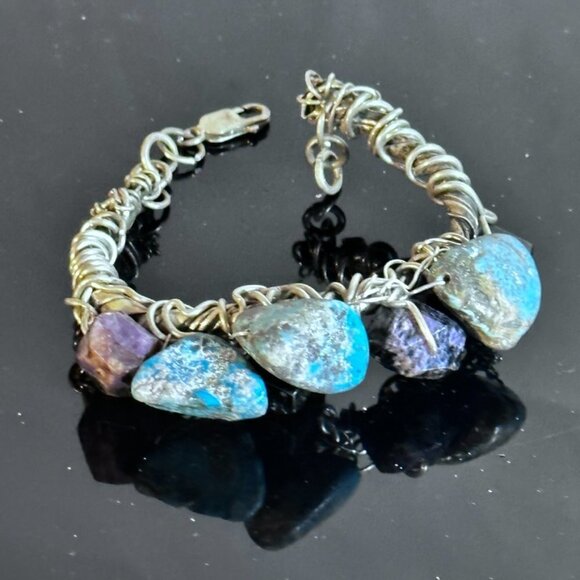 Genuine Turquoise 925 Sterling Silver Charoite Wire Wrap Cuff Bracelet Brutalist - Picture 9 of 11